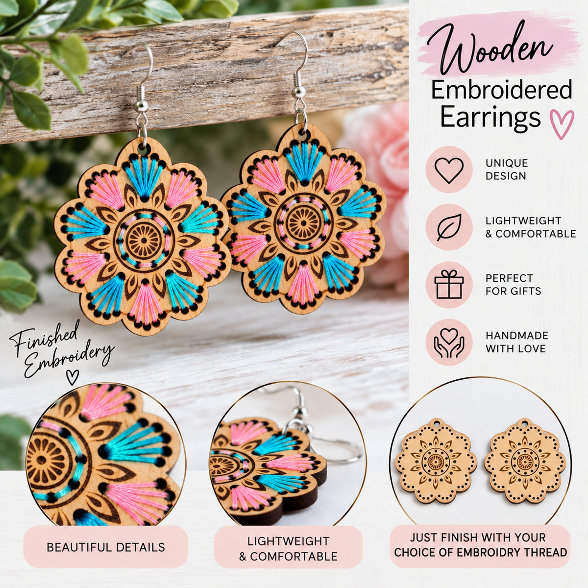 DIY Wooden Embroidery Earrings - Design 1