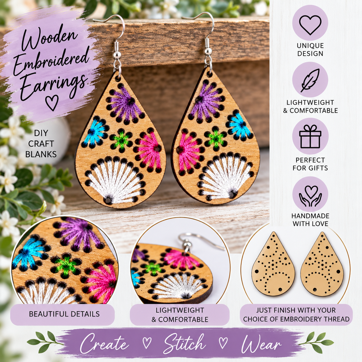 DIY Wooden Embroidery Earrings - Design 3