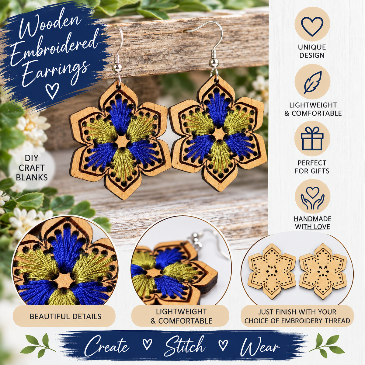 DIY Wooden Embroidery Earrings - Design 4