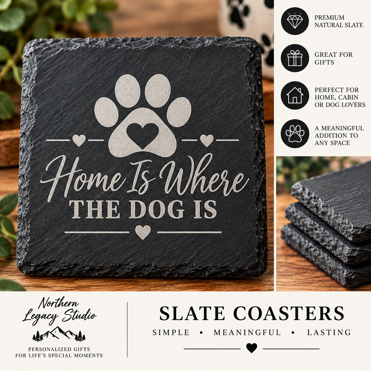 Home Is Where the Dog Is – Engraved Slate Coaster