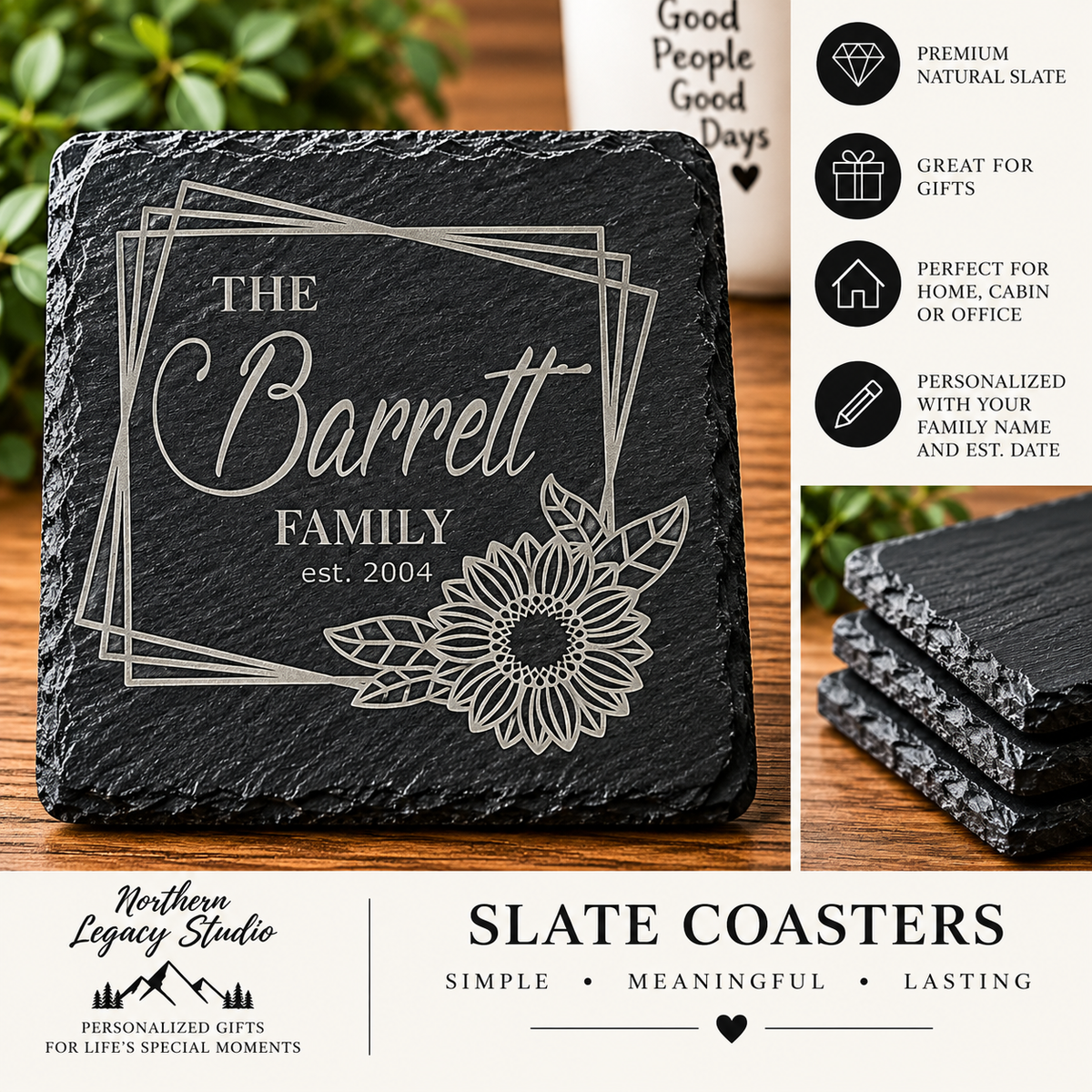Personalized Sunflower Family Name Engraved Slate Coaster