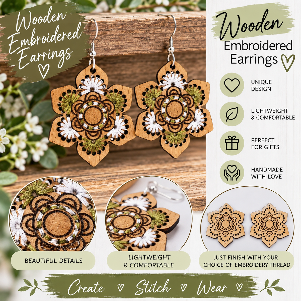 DIY Wooden Embroidery Earrings - Design 2