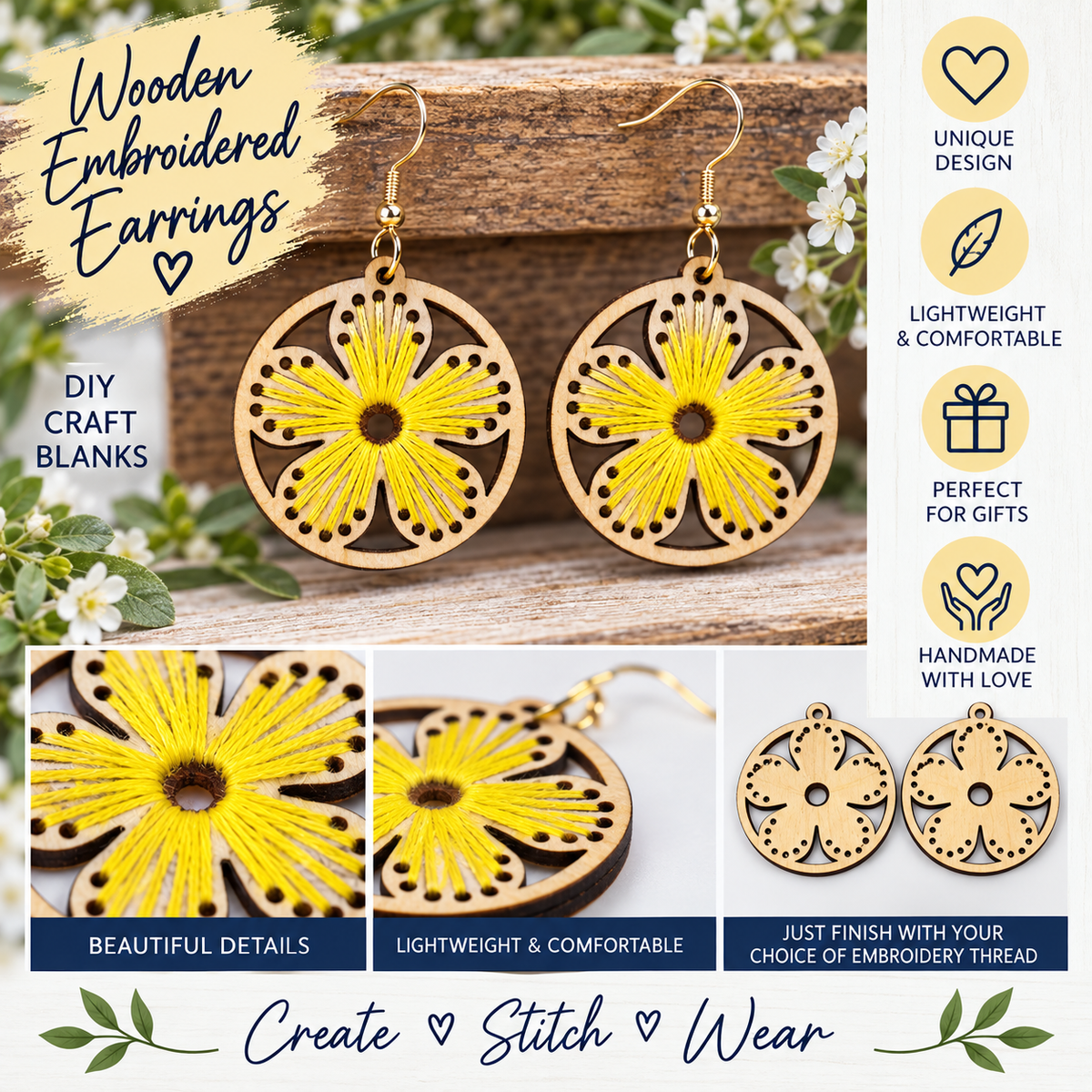 DIY Wooden Embroidery Earrings - Design 5