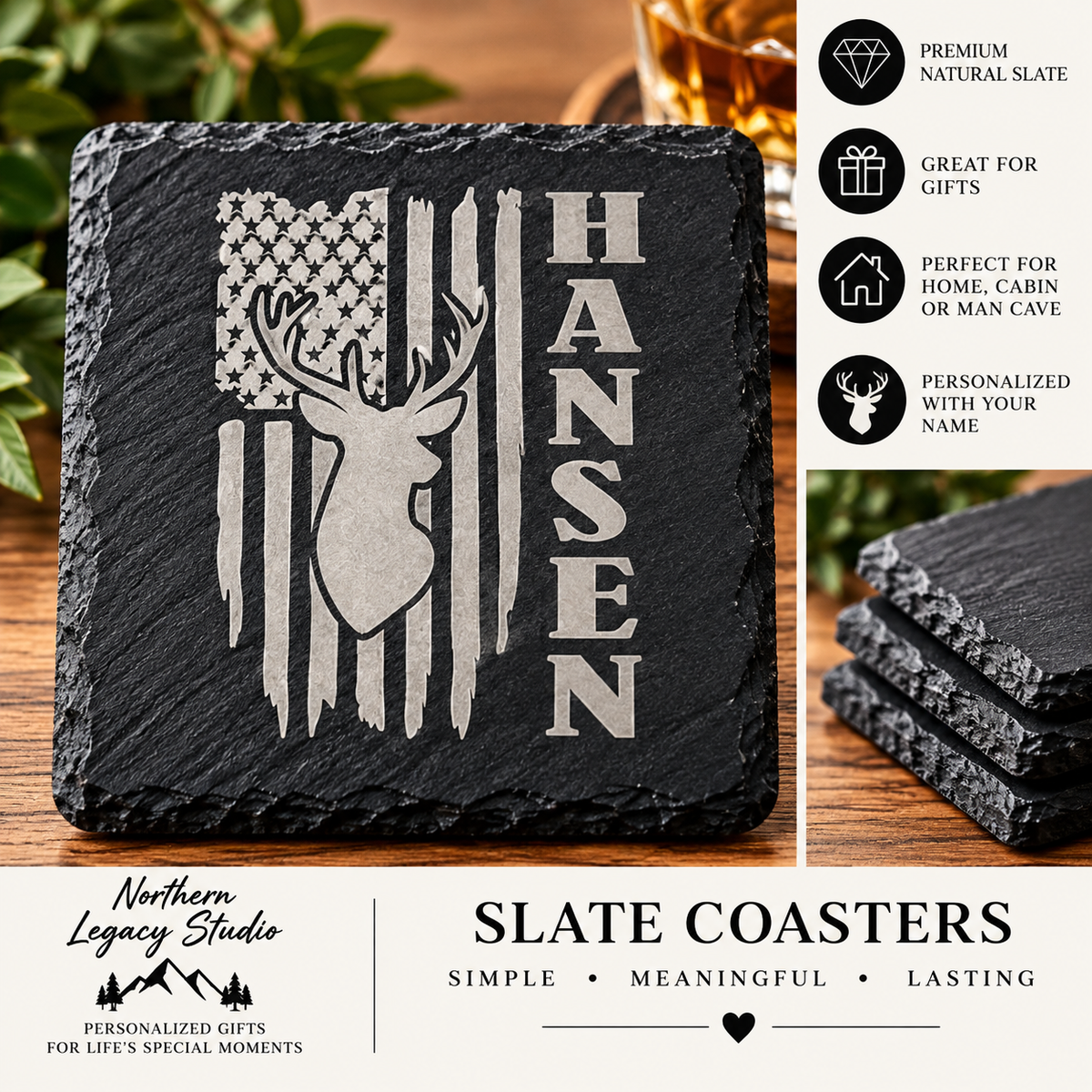 Personalized Deer & American Flag Engraved Slate Coaster