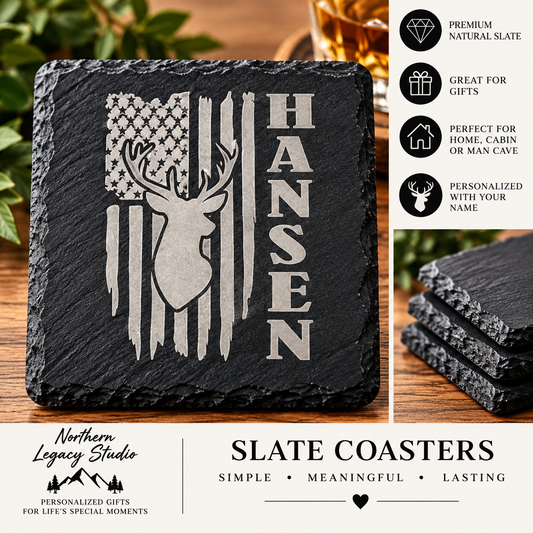 Personalized Deer & American Flag Engraved Slate Coaster