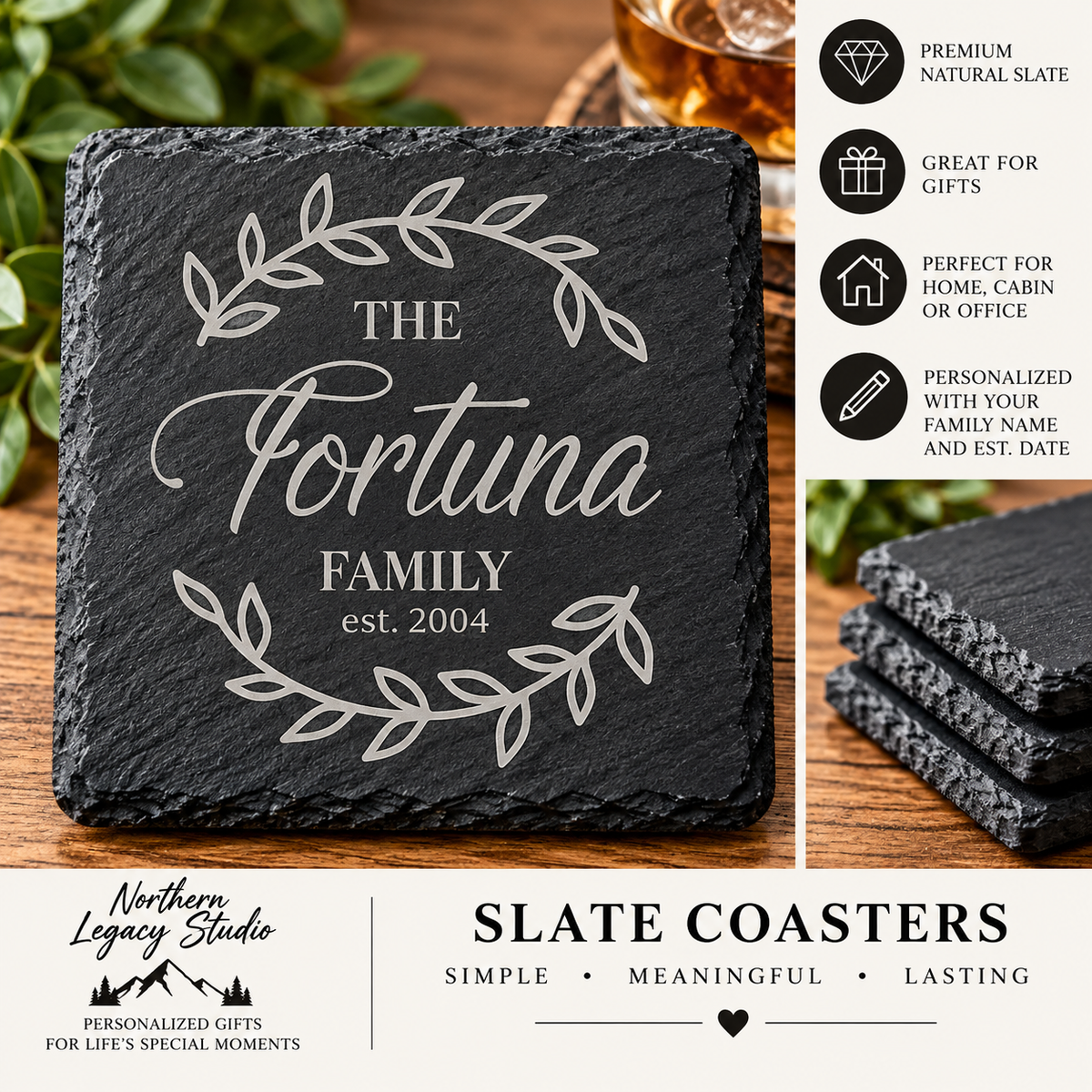 Personalized Family Name Engraved Slate Coaster