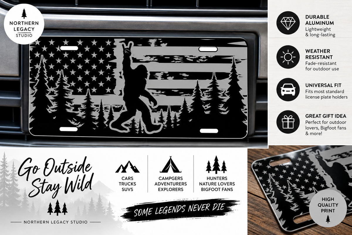 Bigfoot Sasquatch American Flag Decorative License Plate – 12" x 6"