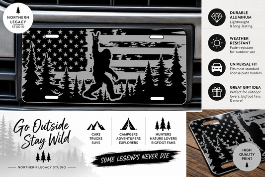 Bigfoot Sasquatch American Flag Decorative License Plate – 12" x 6"