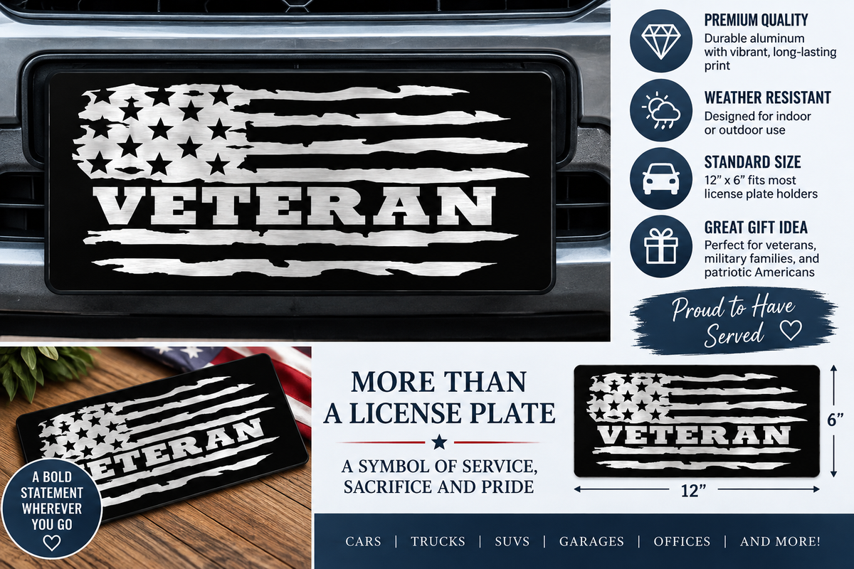 Veteran American Flag Front License Plate – 12" x 6"