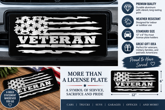 Veteran American Flag Front License Plate – 12" x 6"